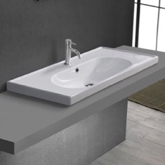Drop In Bathroom Sink, White Ceramic, Modern